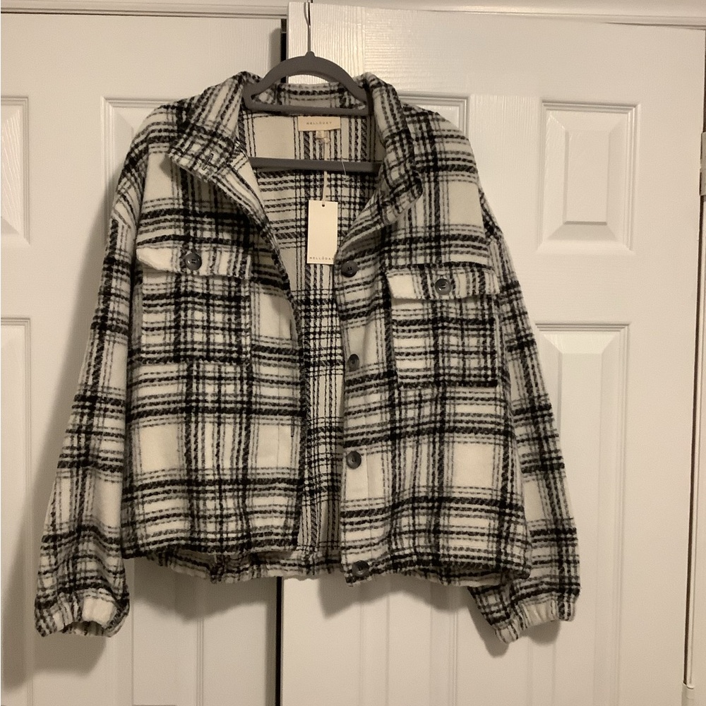 MELLODAY Black and White Teddy Jacket Oversized Plaid